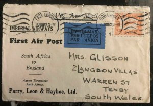 1932 East London South Africa First Flight Cover FFC To Tenby South Wales