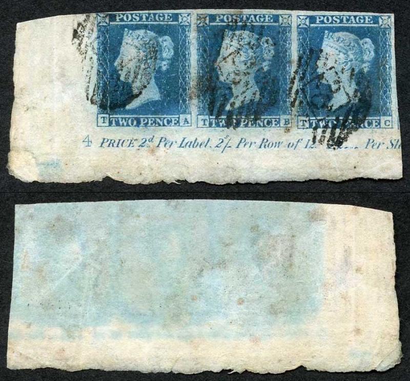 1841 2d Blue (TA/TC) Strip Showing the Plate Number 4 and Two Pound inscription