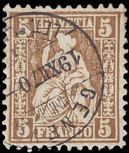 Switzerland 1862 Sc 43a. Zu 30 uvf 2011 SCV is $6.75 bister variety