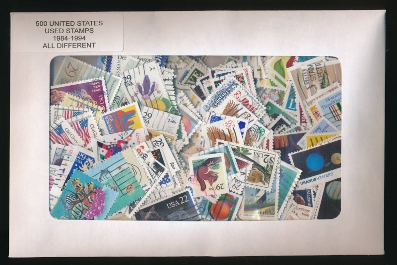 500 Cancelled U S Postage Stamps - All Different - US Packet 1984-1994-OFF PAPER