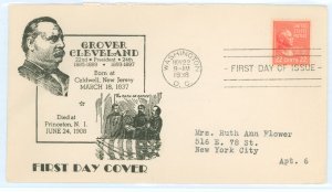 US 827 1938 22c Grover Cleveland on an addressed FDC with a Clarence Reid cachet.