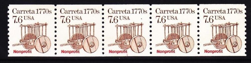 US 2255 MNH 1988 7.6¢ Carreta 1770s Bureau Precancel PNC Strip of 5 Plate #1