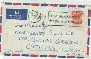 Nigeria 1961 Airmail Lagos Cancel Speed Your Mail Stamp Cover to London Rf 34819