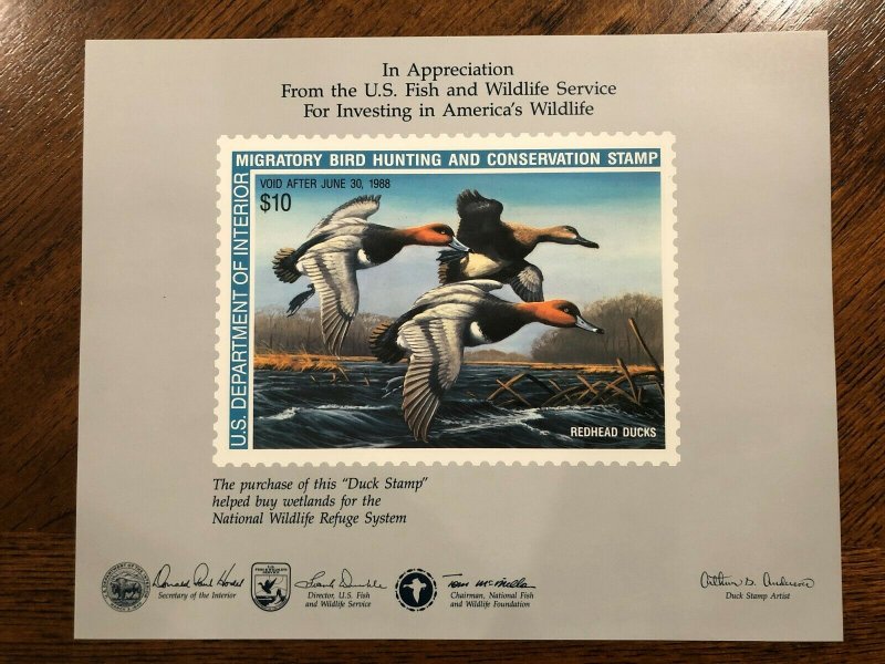 RW 54 1987 $10 Redheads Duck Appreciation Souvenir Card Set: Mint and Duck Stamp