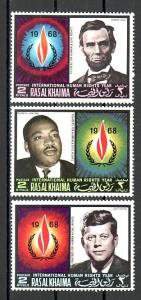 Ras Al Khaima, Mi cat. 226-228 A. Human Rights. Kennedy, Lincoln, M.L.King jr.