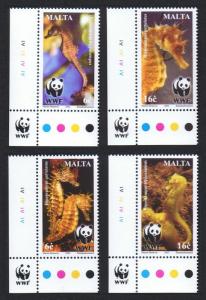 Malta WWF Mediterranean Seahorses 4v Bottom Left Corners with WWF Logo