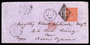 1869 Flimsy cover to Pau franked wmk. Large Garter 4d vermillion Pl. 10 (RR!)