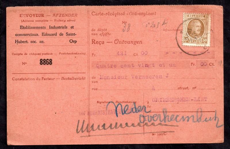 Belgium 1926 50c & Revenue on Receipt Card WS12819