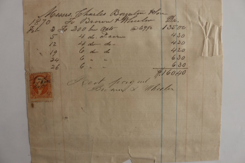 1870 Hand Written Receipt w/ 2c US Itern Rev Stamp