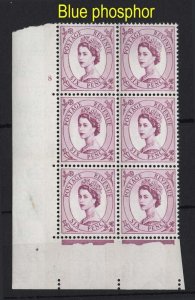 GB 1960 6d blue phosphor white paper cyl 8 no dot block of 6 unmounted mint, m