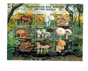 Tanzania 1998 - Mushroom and Insects - Sheet of 9 Stamps - Scott #1746 - MNH