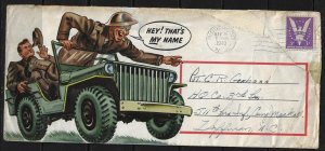 US 1943 WWII PATRIOTIC COVER SOLDIER MAIL RIDGEWOOD NJ TO HOFFMAN NC REPAIRED AT