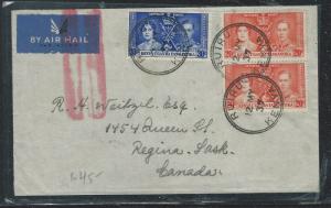 KENYA, UGANDA, TANGANYIKA (3009B) 1937 KGVI CORONATION 20C PR+30C A/M TO CANADA 