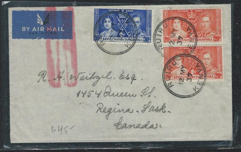 KENYA, UGANDA, TANGANYIKA (3009B) 1937 KGVI CORONATION 20C PR+30C A/M TO CANADA