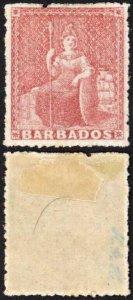 Barbados SG25 (4d) Dull Rose-red Rough Perf 14 to 16 No Wmk M/M Cat 170 pounds