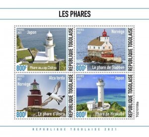 Togo - 2021 Lighthouses & Razor-billed Auk Bird - 4 Stamp Sheet - TG210158a