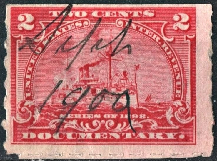 R164p 2¢ Battleship Documentary Stamp: Hyphen Hole  Perf 7 (1898) Used