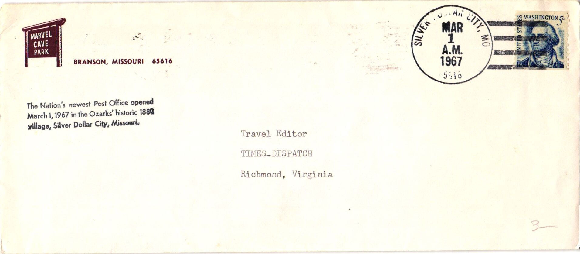 1967 Silver Dollar City, MO Post Office Opening Marvel Cake Cachet