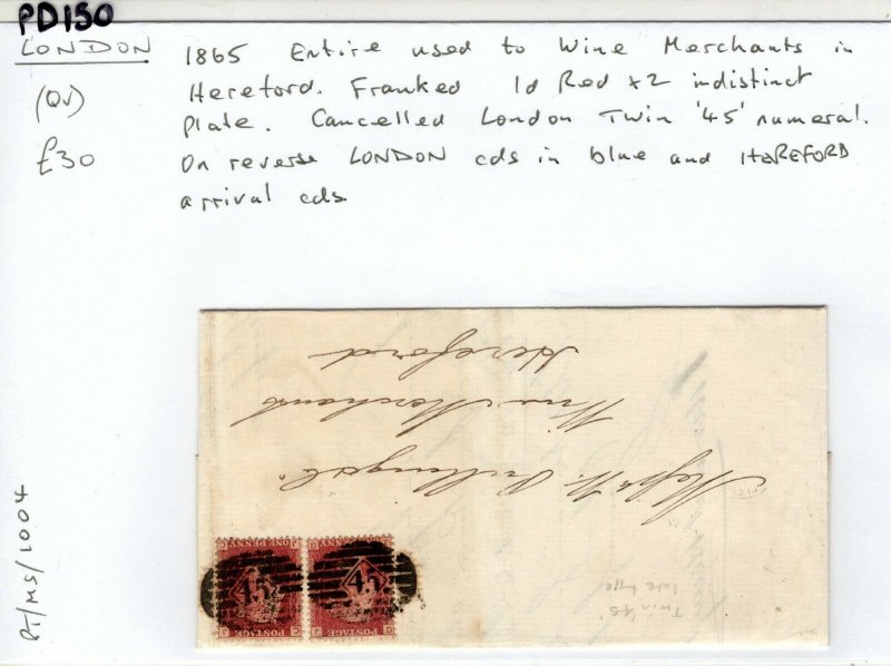 GB Cover London Twin *45* Numeral Late Type Wine Merchants 1d Red 1865 PD150