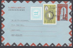 BAHRAIN 1989 75f aerogramme uprated + tax stamp  used to New Zealand........J988