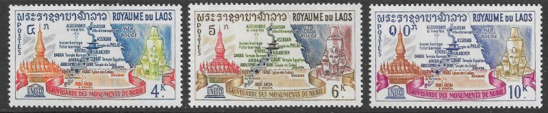 Laos Scott 89-91 MNH UNESCO Save Monuments of Nubia Campaign set of 1964, Map