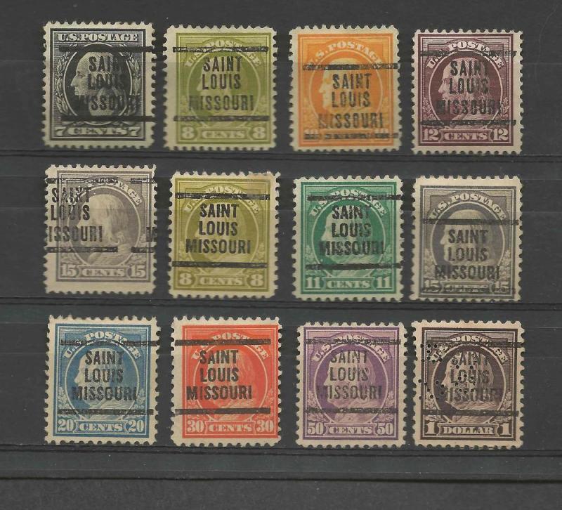 12 SAINT LOUIS MISSOURI Precancels on Vintage U.S. Stamps