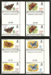 GUERNSEY GB Sc# 218 - 221 var MNH FVF Set of 4x Gutter Pr Butterflies