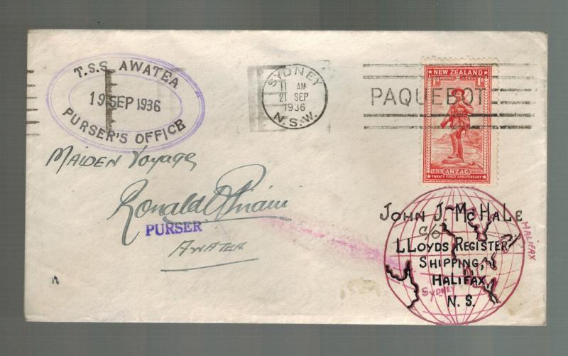 1936 New Zealand TSS Awatea Maiden Voyage Ship Cover to Canada with clippings