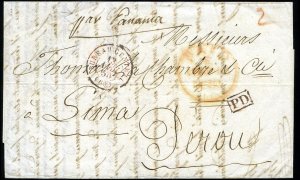 Peru, 1850 stampless letter from Locle (France) to Lima, Peru red Paid, als...