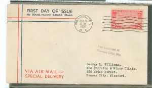 US C22 1937 50c Trans-Pacific China Clipper airmail on an addressed (typed) FDC with a Washington Stamp Exchange (WSE) cachet