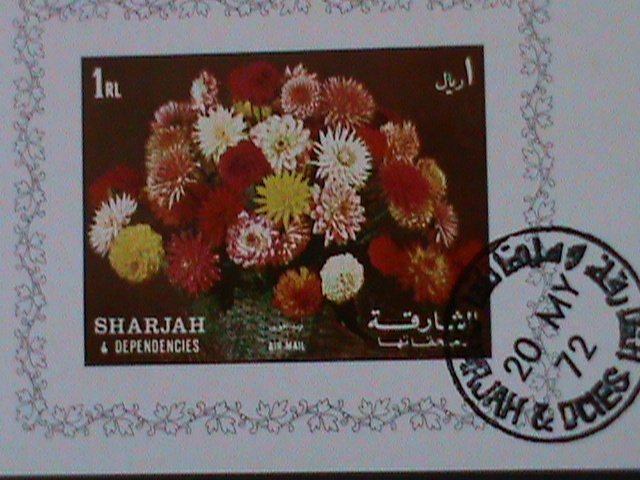 ​SHARJAH-AIRMAIL-1972 FAMOUS ARTS PAINTING-FLOWERS-CTO-IMPERF S/S VF-LAST ONE