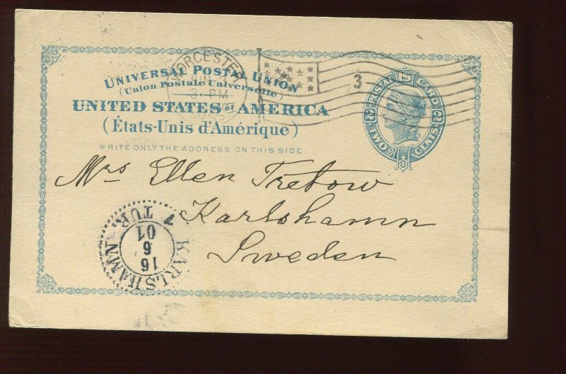 UX13 USED INTERNATIONAL POSTAL CARD  TO KARLSHAMN SWEDEN 1901 USAGE