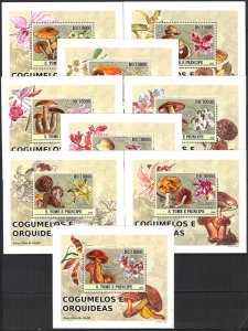 {070} Sao Tome & Principe 2008 Mushrooms Flowers Orchids 9 S/S Deluxe MNH**