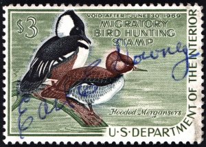 RW35 $3.00 Hooded Mergansers Duck Stamp (1968) Signed