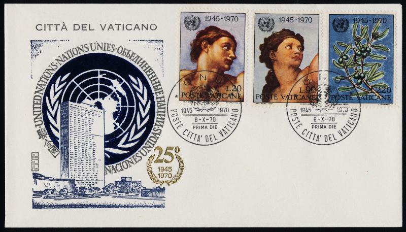 Vatican 492-4 FDC United Nations, Art, Olive Branch, Michaelangelo, UN Cachet