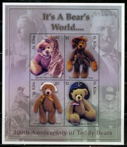 ST. KITTS  100th ANNIVERSARY OF TEDDY  BEARS IT'S A BEARS WORLD SHEET & S/S NH