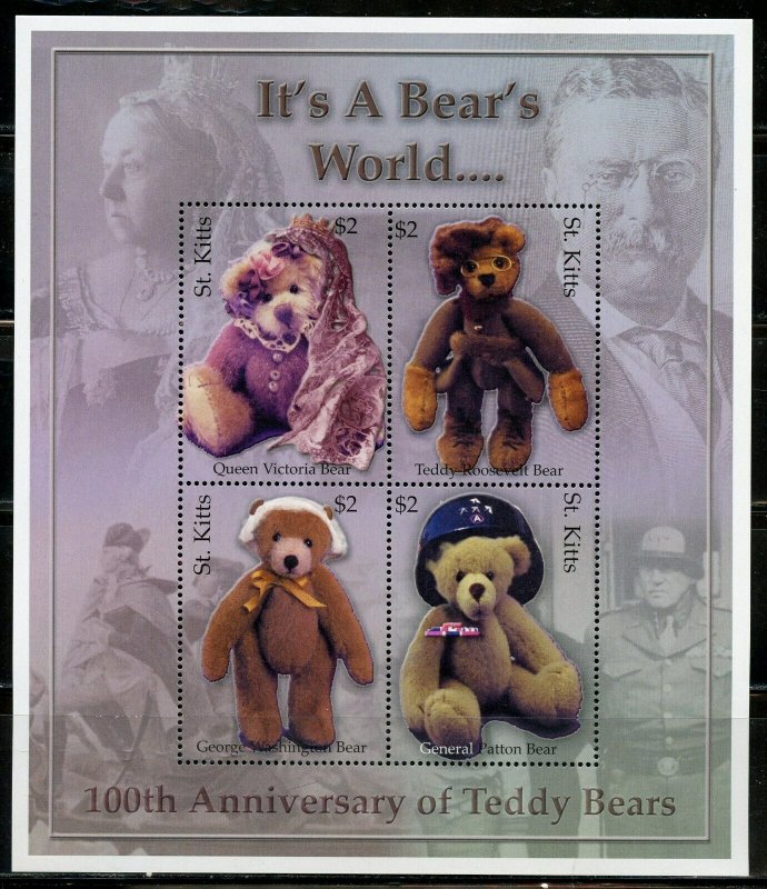 ST. KITTS  100th ANNIVERSARY OF TEDDY  BEARS IT'S A BEARS WORLD SHEET & S/S NH