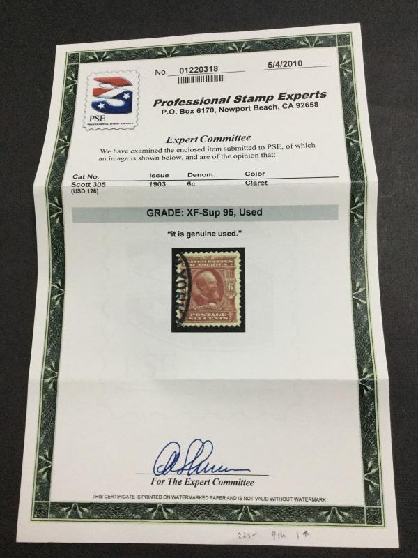 MOMEN: US STAMPS #305 USED PSE GRADED CERT XF-SUP 95