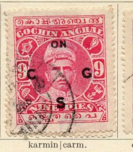 Cochin 1913 Early Issue Fine Used 9p. Optd 322432