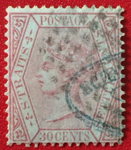 Malaya Straits Settlements 1867-72 QV 30c Used Wmk CC SG#17 M4717