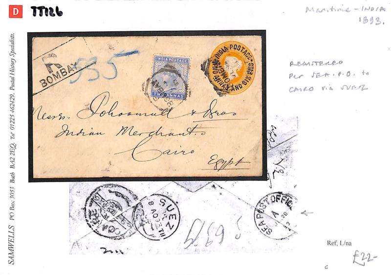 TT126 1893 India to Egypt Cairo Maritime Registered Cover PTS