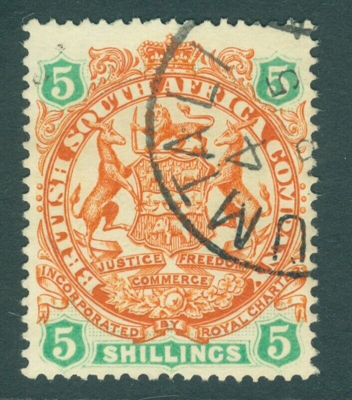 SG 49 Rhodesia 1896-97. 5/- chestnut & emerald. A very fine used CDS example 