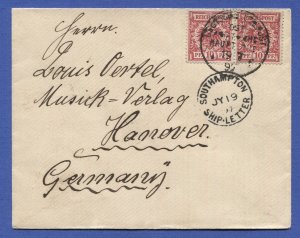 GERMANY 1897 Ship Letter,10pfg x 2 on cover, SOUTHAMPTON / SHIP LETTER