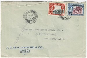 Dominica 1941 Rosseau cancel on cover to the U.S., straight line censor