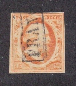 Netherlands stamp #3, used, imperf,4 margins clear, 1852, CV $130.00