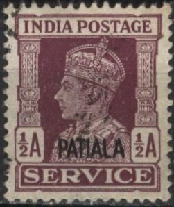 India: Patiala O65 (used) 1½a George VI, dk pur (1943)