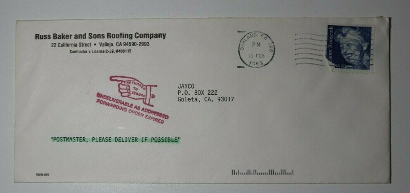 US Postal Marking Cover 1985 Undeliverable Return to Sender Pointer Forwarding 