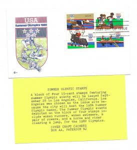 1791-94 Summer Olympic Cover Craft Cachets, CCC, block of 4, FDC
