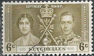 Seychelles 122 (used) 6c Coronation issue, ol green (1937)