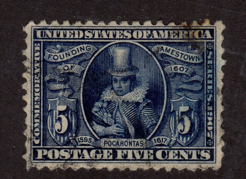 US 330 5c Jamestown Exposition - Used, with 7 mm stain at upper right